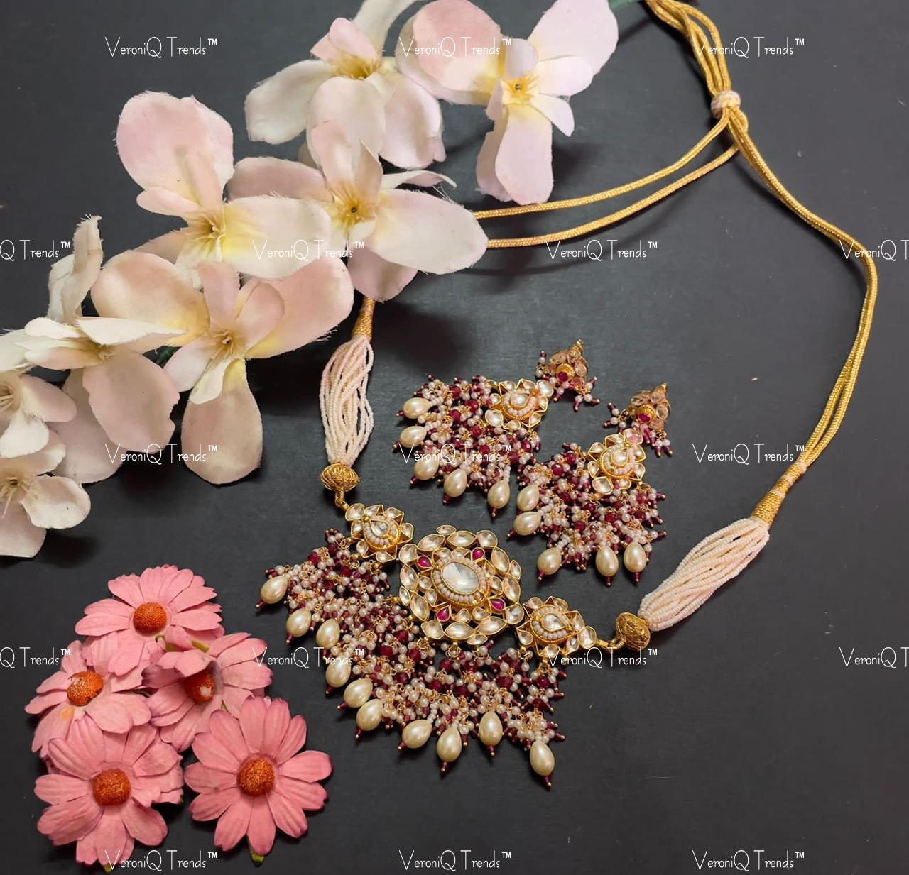VeroniQ Trends-Rajwadi Multistrand Pearl Beaded Gold Plated Pachi Kundan Choker Necklace With Red Beads Pachi Kundan-Gold Plated-Wedding Jewellery-Punjabi Jewellery-South Indian-Thappa Jewellery