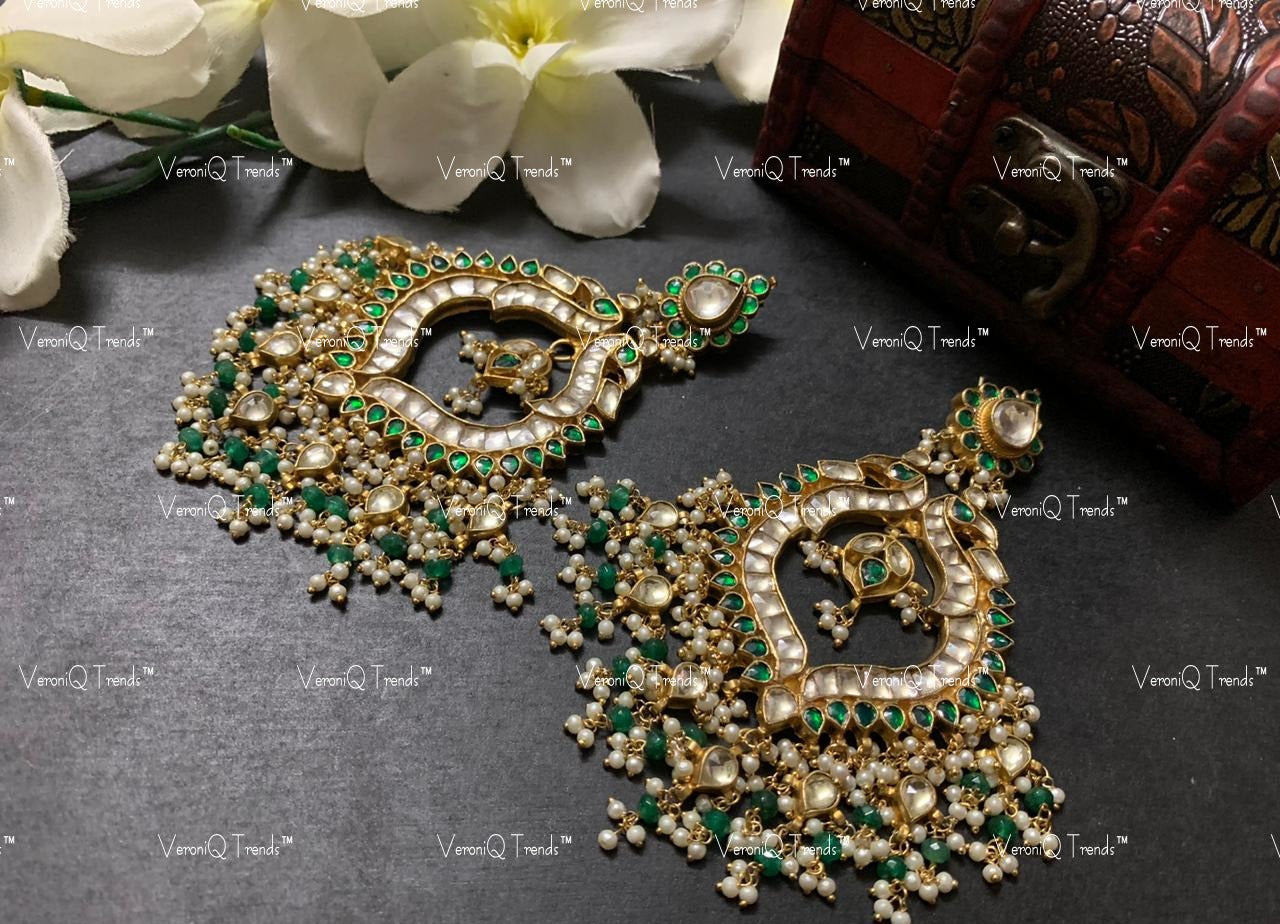 VeroniQ Trends-Peacock Design Gold Plated Pachi Kundan Kemp Stone Earrings Pachi Kundan-Gold Plated-Wedding Jewellery-Punjabi Jewellery-South Indian-Thappa Jewellery