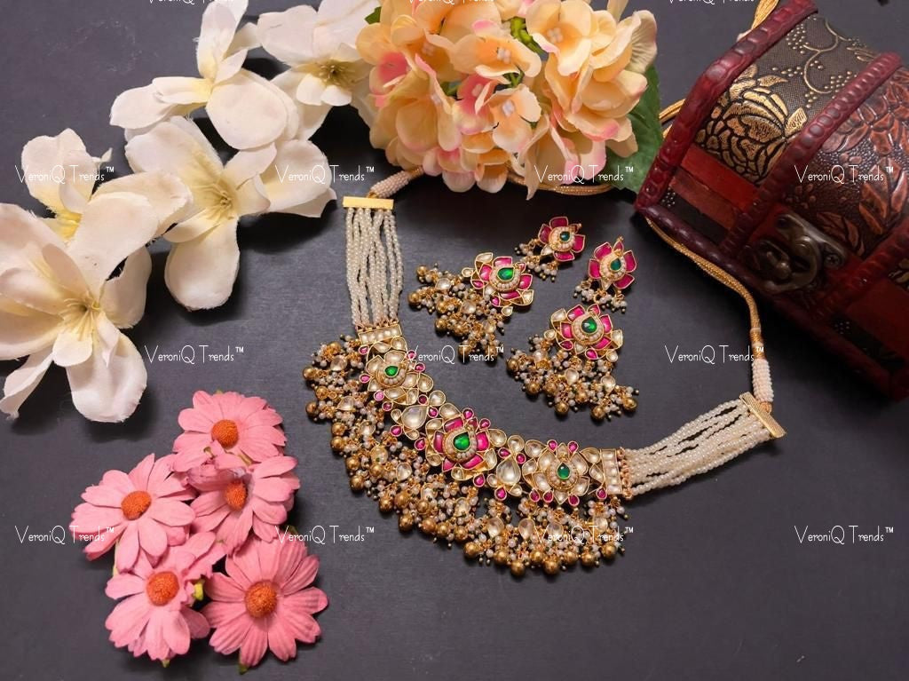 VeroniQ Trends-Royal Style Multistrand Pearl Beaded Gold Plated Kemp Stone Pachi Kundan Choker Necklace Pachi Kundan-Gold Plated-Wedding Jewellery-Punjabi Jewellery-South Indian-Thappa Jewellery