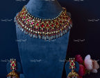 VeroniQ Trends-Designer Kemp Stone With Blue Beads Gold Plated Pachi Kundan Choker Necklace Pachi Kundan-Gold Plated-Wedding Jewelry-Punjabi Jewelry-South Indian-Thappa Jewelry