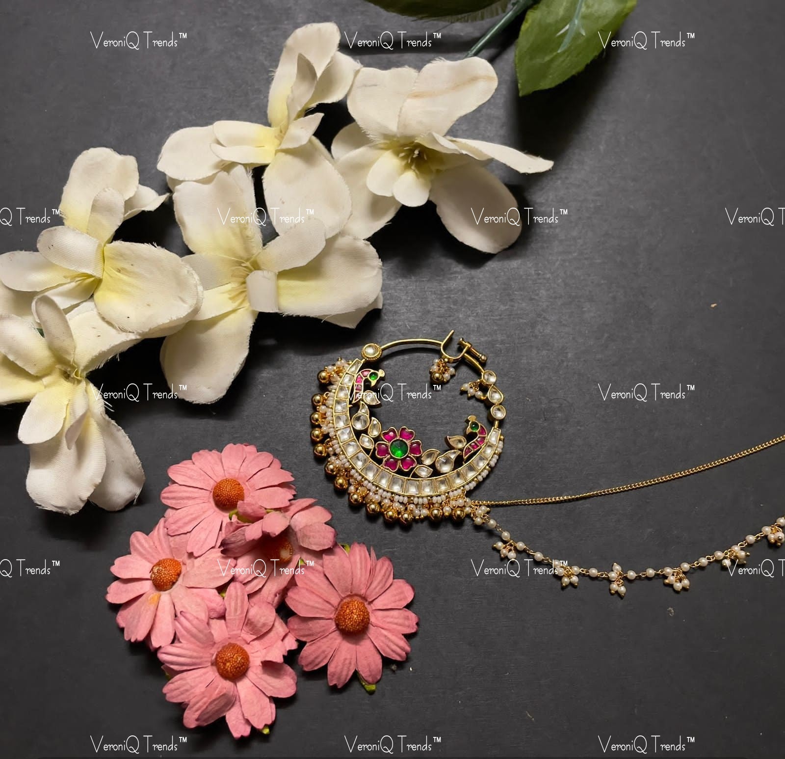 VeroniQ Trends-Floral Gold Plated Pachi Kundan Nath Pachi Kundan-Gold Plated-Wedding Jewellery-Punjabi Jewellery-South Indian-Thappa Jewellery