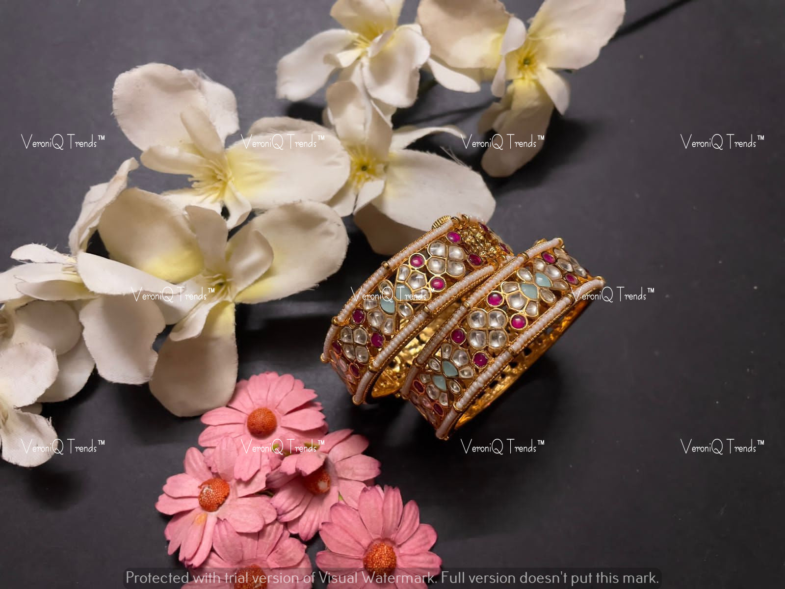 VeroniQ Trends-Royal Kemp Stone Pearl Gold Plated Pachi Kundan Bangles Pachi Kundan-Gold Plated-Wedding Jewellery-Punjabi Jewellery-South Indian-Thappa Jewellery