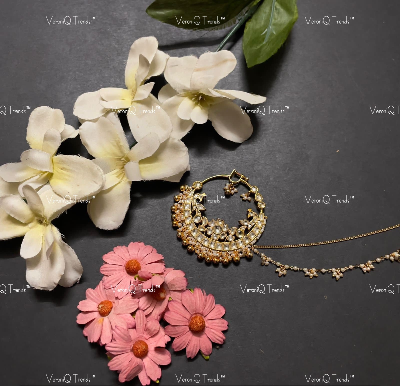 VeroniQ Trends-Floral Gold Plated Pachi Kundan Nath Pachi Kundan-Gold Plated-Wedding Jewellery-Punjabi Jewellery-South Indian-Thappa Jewellery