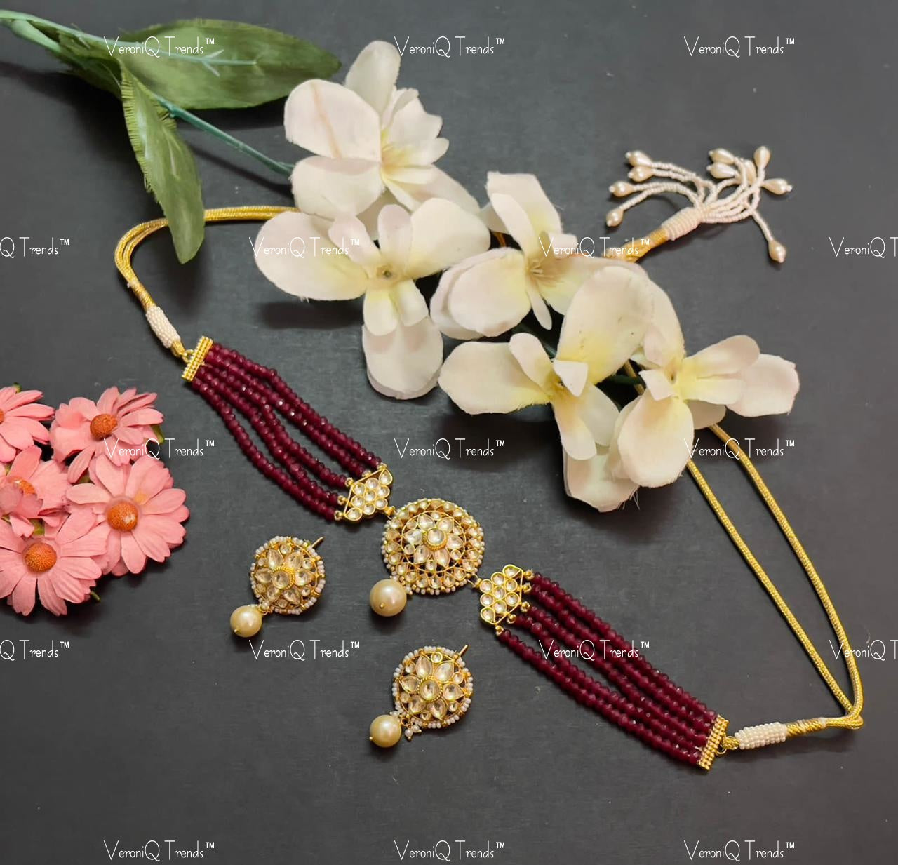 VeroniQ Trends-Gold Plated Red Beaded Multistrand Pearl And Pachi Kundan Choker Necklace Pachi Kundan-Gold Plated-Wedding Jewellery-Punjabi Jewellery-South Indian-Thappa Jewellery
