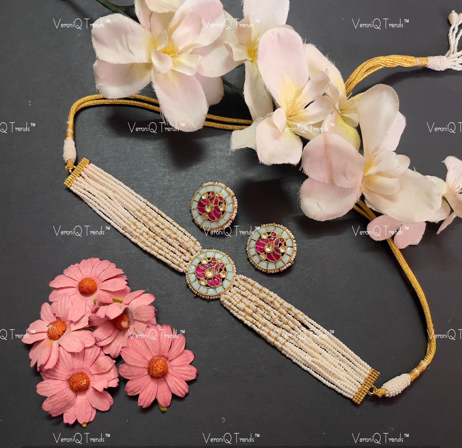 VeroniQ Trends-Turquoise Blue Kundan Multistrand Pearl Beads Gold Plated Pachi Kundan Choker Necklace Pachi Kundan-Gold Plated-Wedding Jewellery-Punjabi Jewellery-South Indian-Thappa Jewellery