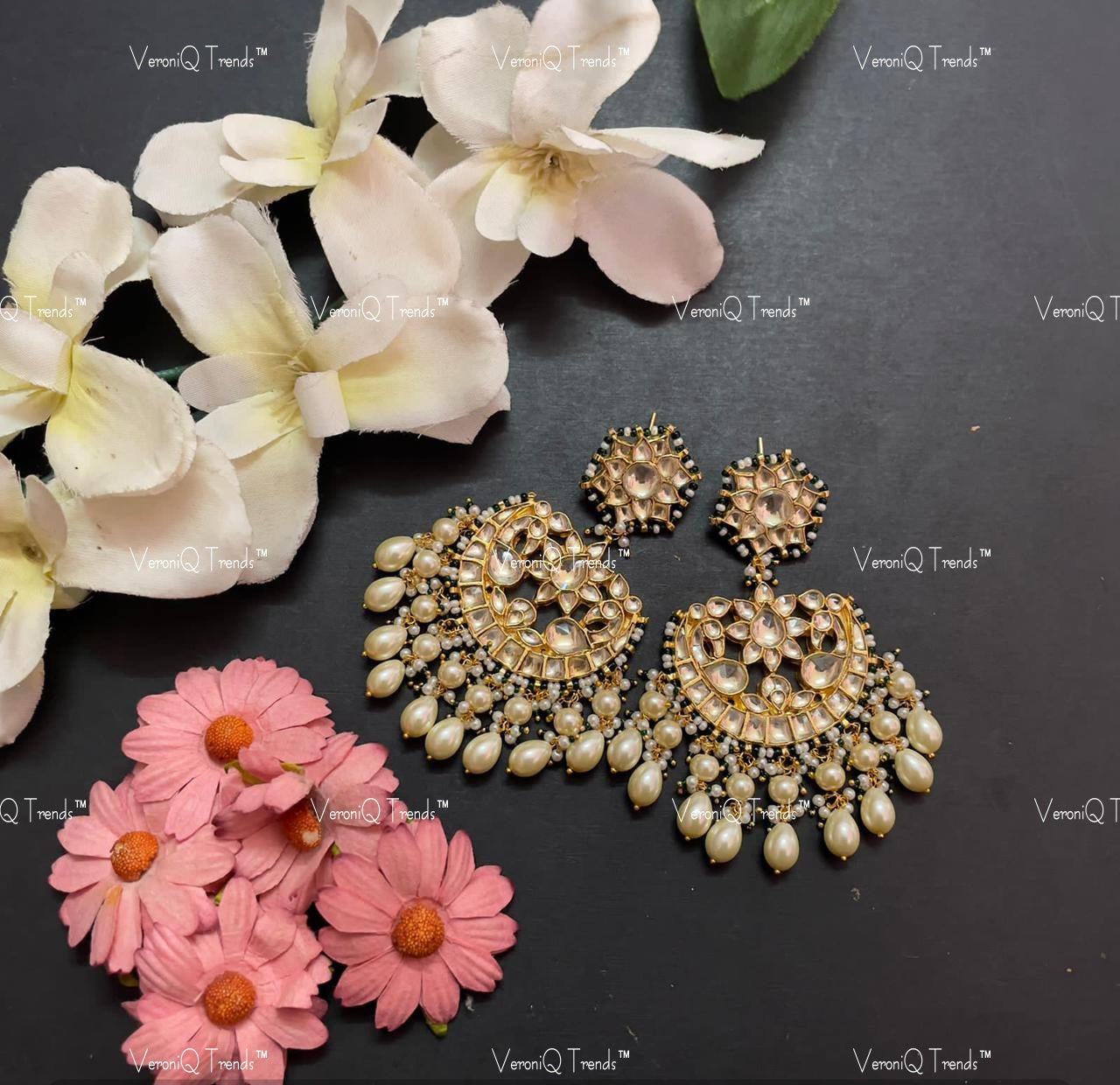VeroniQ Trends-Traditional Gold Plated Pachi Kundan Chandbali Earrings Pachi Kundan-Gold Plated-Wedding Jewellery-Punjabi Jewellery-South Indian-Thappa Jewellery