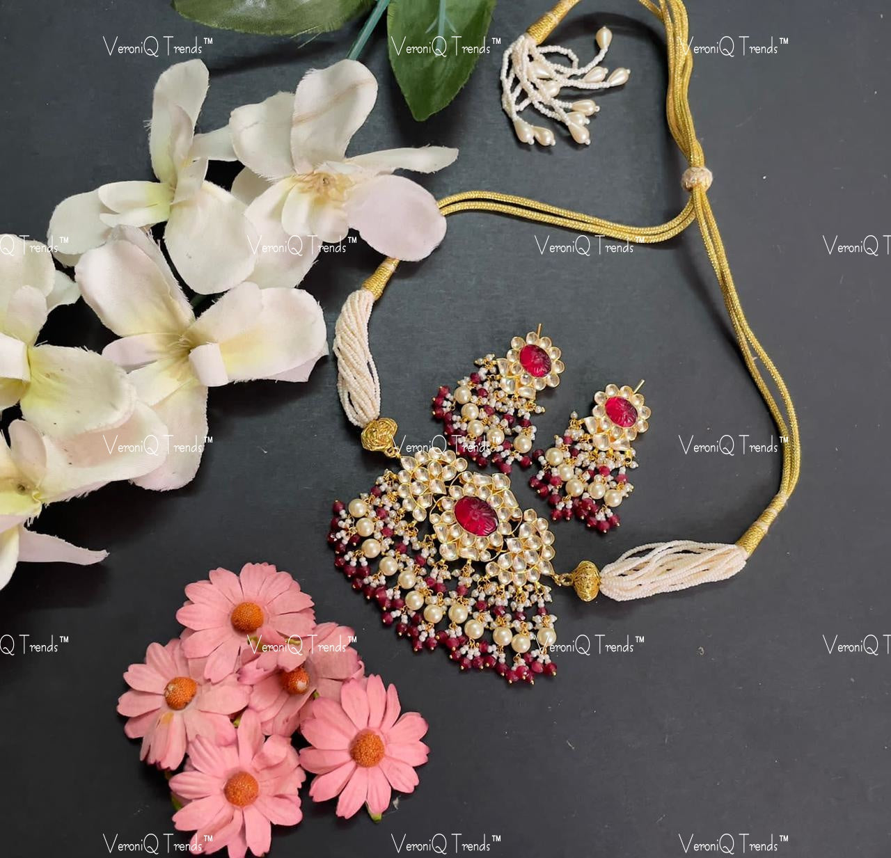 VeroniQ Trends-Gold Plated Multistrand Pearl Kemp Stone And Pachi Kundan Choker Necklace Pachi Kundan-Gold Plated-Wedding Jewellery-Punjabi Jewellery-South Indian-Thappa Jewellery