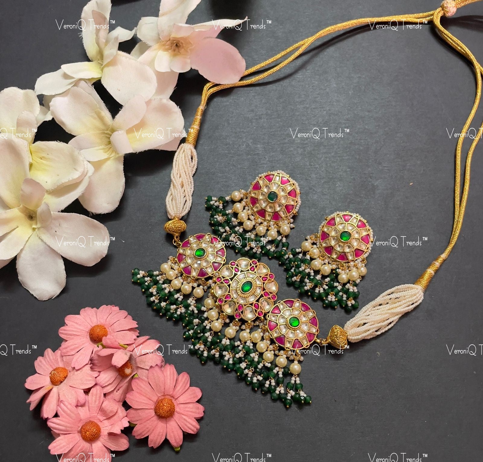 VeroniQ Trends-Rajasthani Gold Plated Multistrand Kemp Stone And Pachi Kundan Choker Necklace Pachi Kundan-Gold Plated-Wedding Jewellery-Punjabi Jewellery-South Indian-Thappa Jewellery