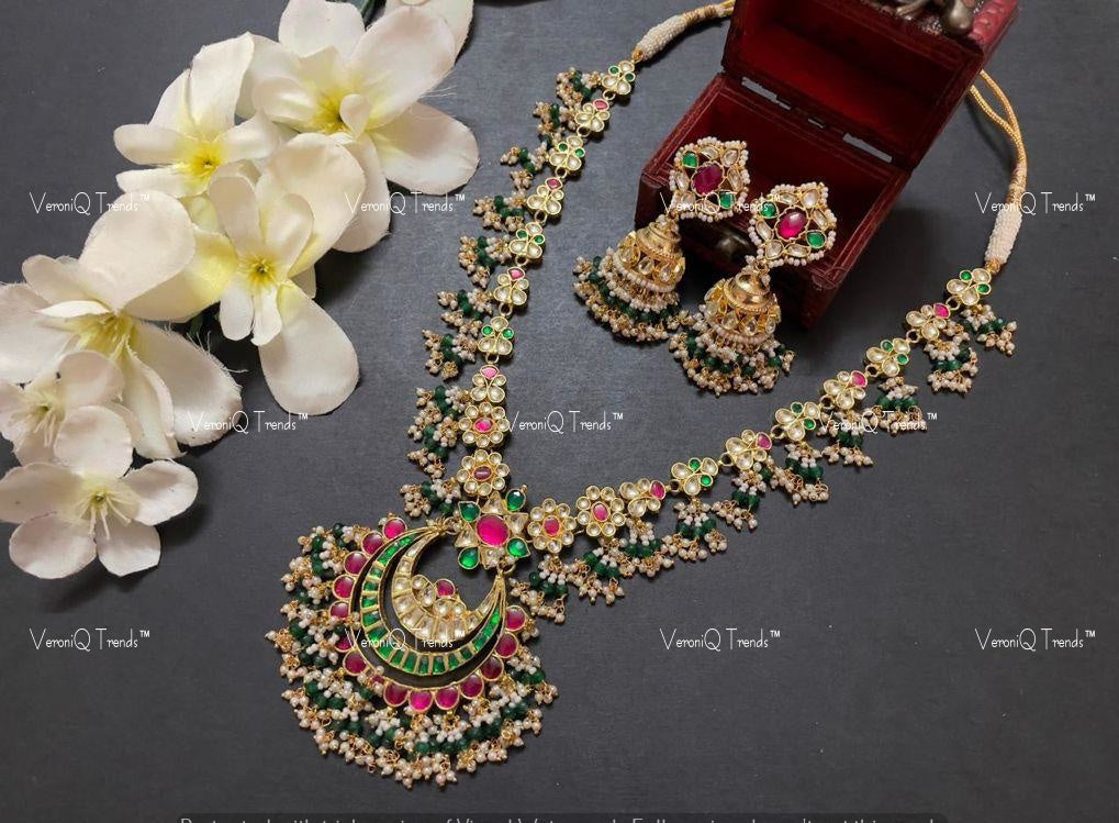 VeroniQ Trends-South Indian Gold Plated Pachi Kundan Kemp Stone Long Necklace Pachi Kundan-Gold Plated-Wedding Jewellery-Punjabi Jewellery-South Indian-Thappa Jewellery