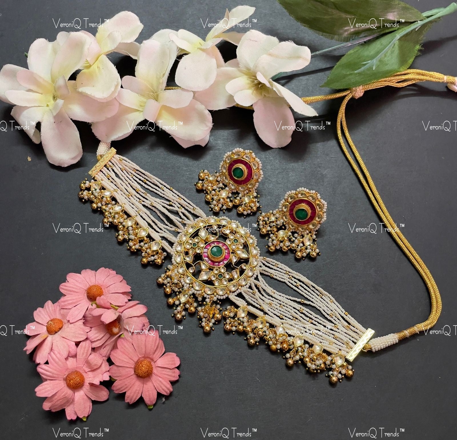VeroniQ Trends-Rajwadi Style Multistrand Gold Plated Kemp Stone And Pachi Kundan Choker Necklace Pachi Kundan-Gold Plated-Wedding Jewellery-Punjabi Jewellery-South Indian-Thappa Jewellery