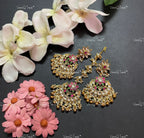 VeroniQ Trends-Traditional Chandbali Design Gold Plated Kemp Stone Pachi Kundan Maang Tika With Earrings Pachi Kundan-Gold Plated-Wedding Jewelry-Punjabi Jewelry-South Indian-Thappa Jewelry