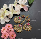 VeroniQ Trends-Traditional Chandbali Design Gold Plated Kemp Stone Pachi Kundan Maang Tika With Earrings Pachi Kundan-Gold Plated-Wedding Jewelry-Punjabi Jewelry-South Indian-Thappa Jewelry