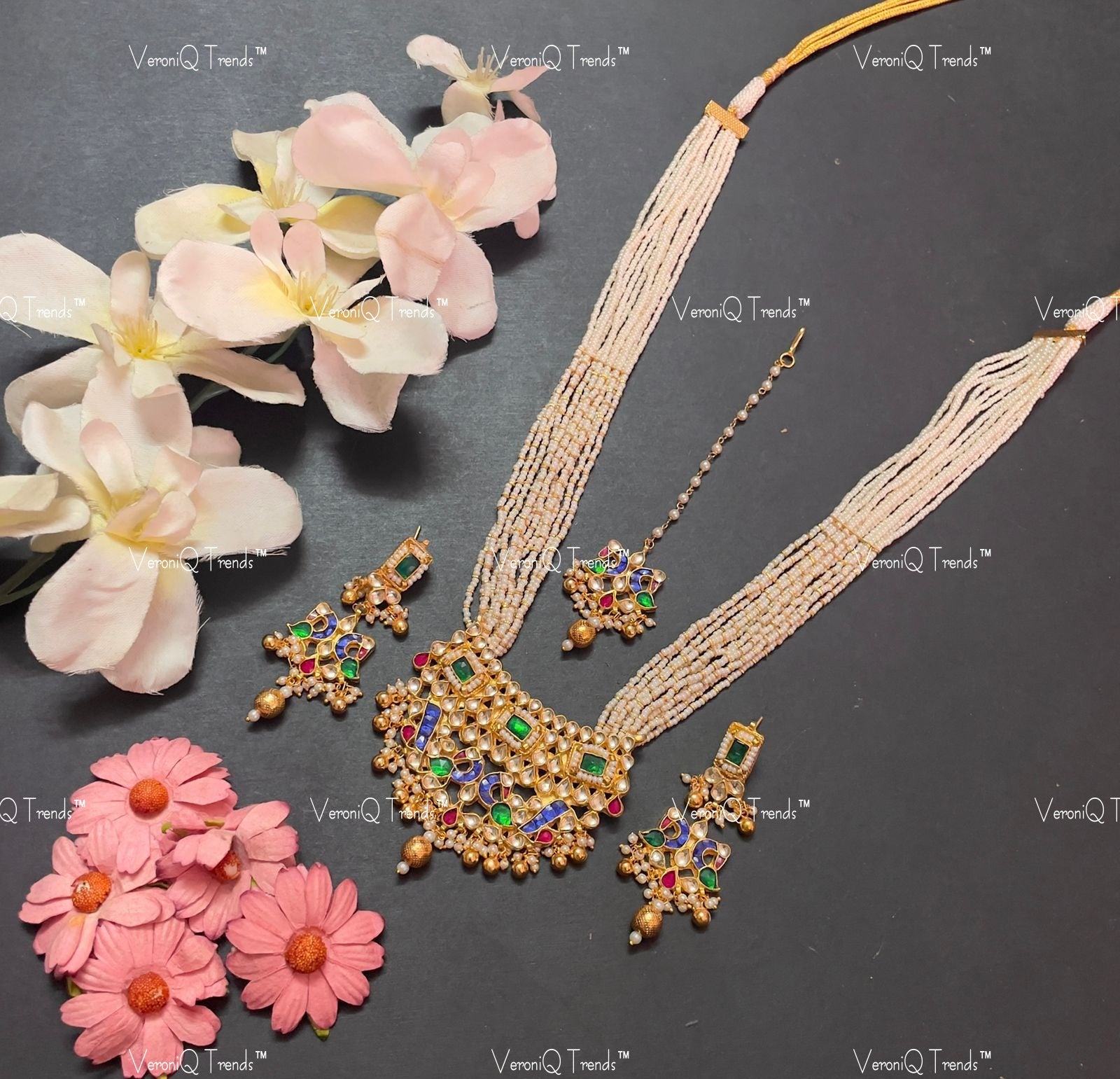 VeroniQ Trends-Multistrand Gold Plated Pachi Kundan Kemp Stone Long Necklace Pachi Kundan-Gold Plated-Wedding Jewellery-Punjabi Jewellery-South Indian-Thappa Jewellery