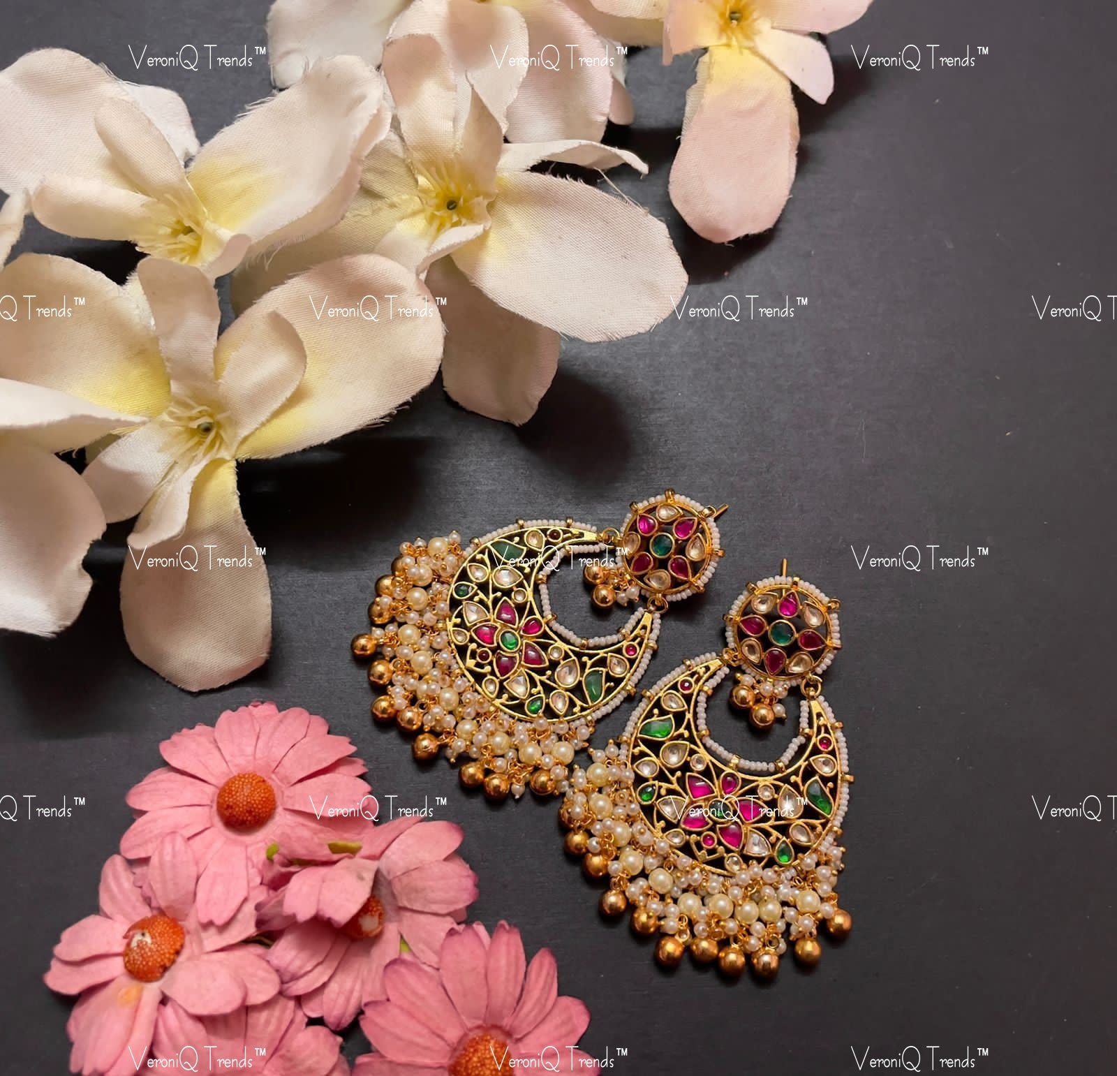 VeroniQ Trends-Gold Plated Pachi Kundan Kemp Stone Chandbali Earrings Pachi Kundan-Gold Plated-Wedding Jewellery-Punjabi Jewellery-South Indian-Thappa Jewellery