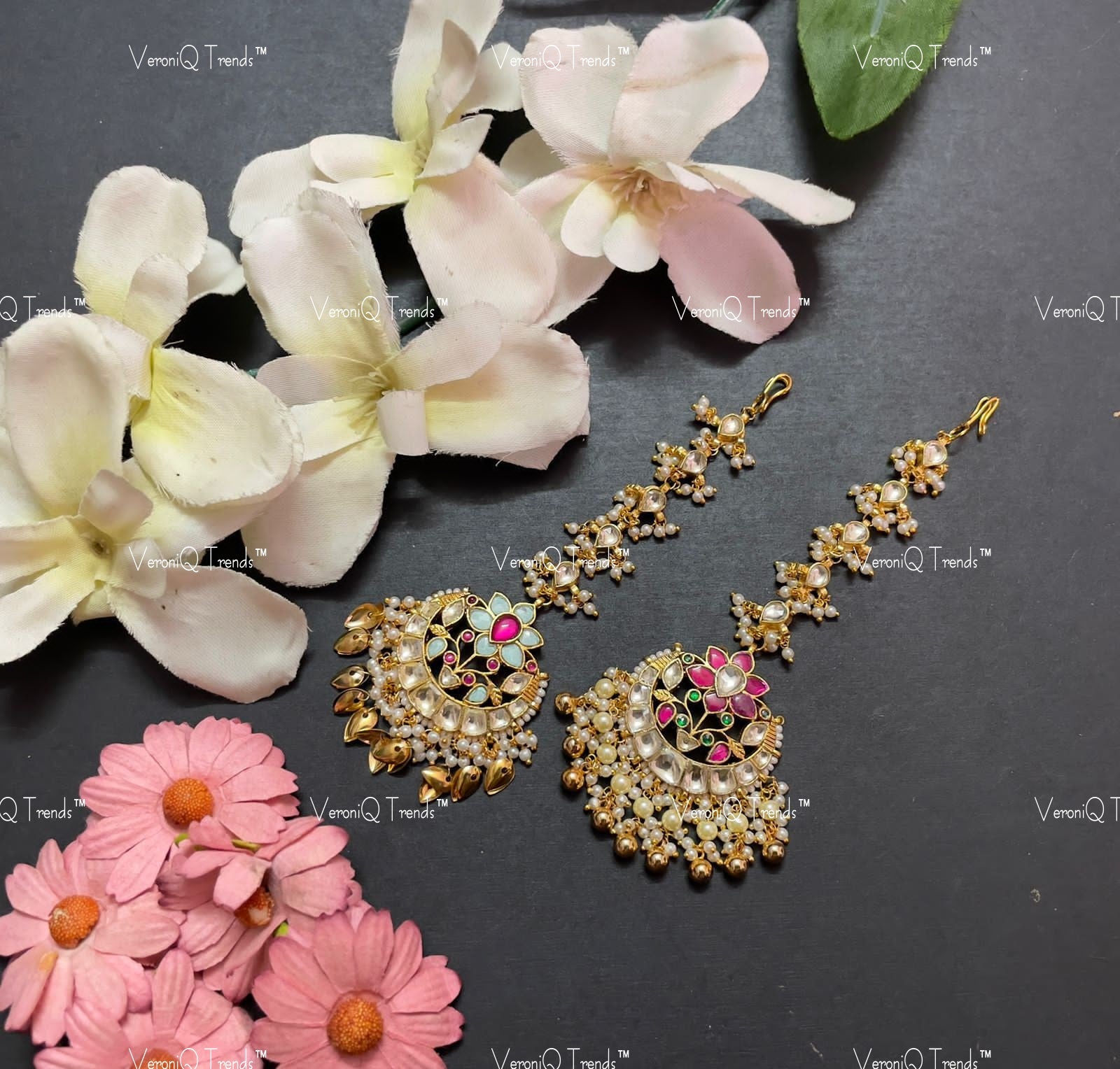 VeroniQ Trends-Chandbali Design Gold Plated Kemp Stone Pachi Kundan Maang Pachi Kundan-Gold Plated-Wedding Jewellery-Punjabi Jewellery-South Indian-Thappa Jewellery