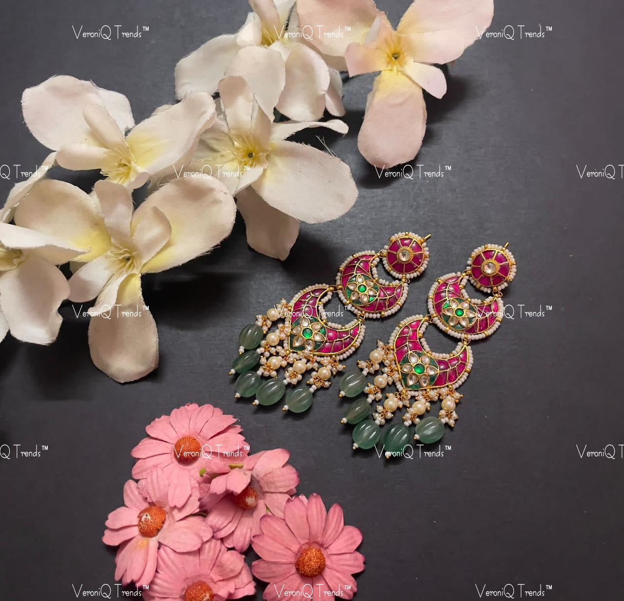VeroniQ Trends-Ruby Pink Gold Plated Pachi Kundan Kemp Stone Chandbali Earrings Pachi Kundan-Gold Plated-Wedding Jewellery-Punjabi Jewellery-South Indian-Thappa Jewellery