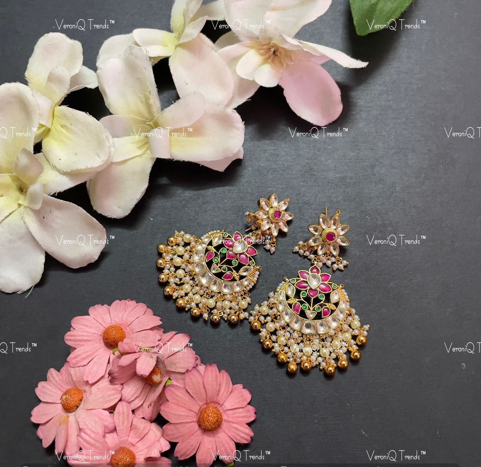 VeroniQ Trends-Gold Plated Kemp Stone Pachi Kundan Chandbali Earrings Pachi Kundan-Gold Plated-Wedding Jewellery-Punjabi Jewellery-South Indian-Thappa Jewellery