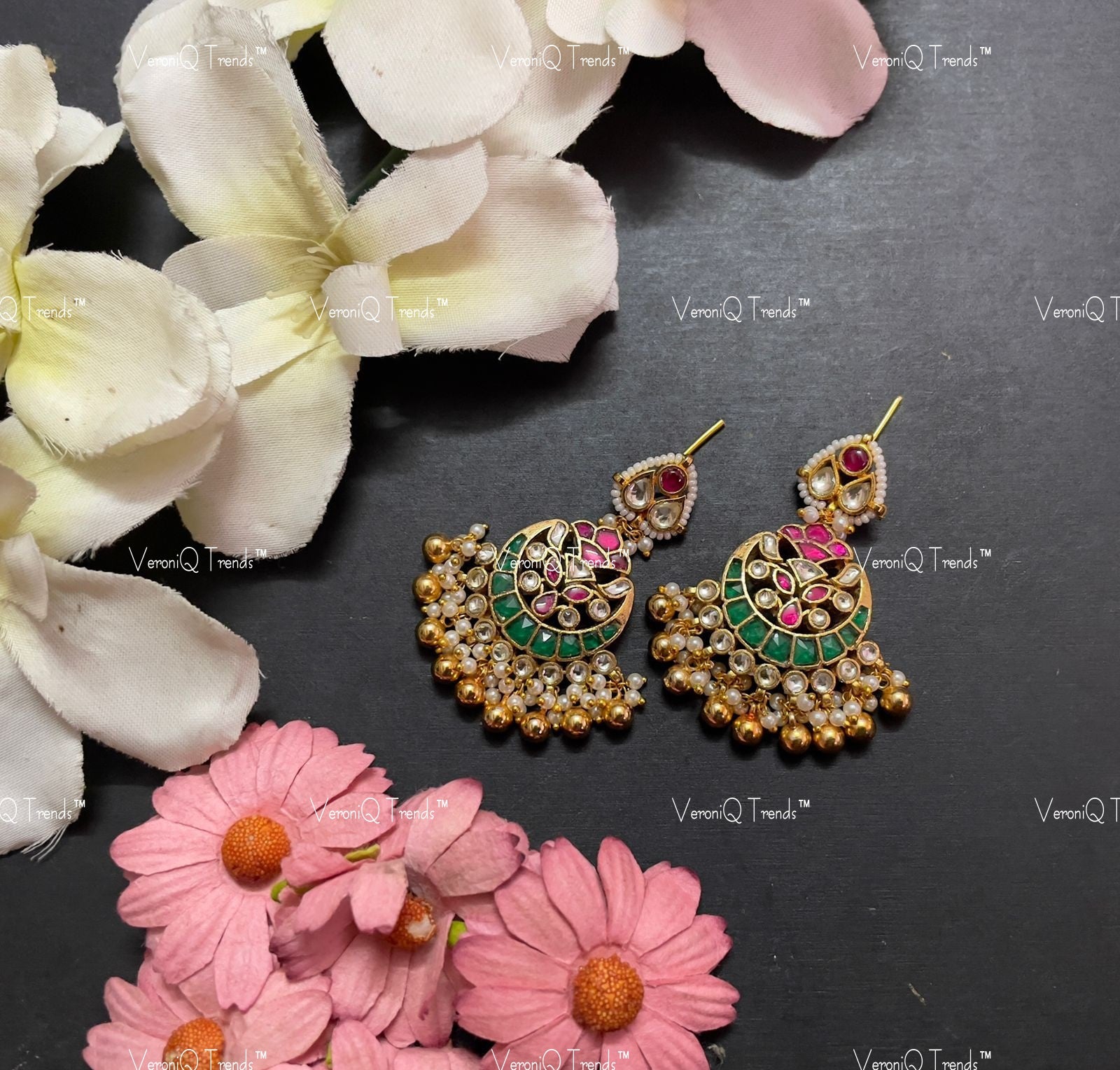 VeroniQ Trends-Traditional Gold Plated Kemp Stone Pachi Kundan Chandbali Earrings With Golden Beads Pachi Kundan-Gold Plated-Wedding Jewellery-Punjabi Jewellery-South Indian-Thappa Jewellery