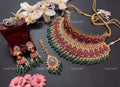 VeroniQ Trends-Bridal Gold Plated Kemp Stone Pachi Kundan Choker Necklace With Earrings and Maang Tika Pachi Kundan-Gold Plated-Wedding Jewellery-Punjabi Jewellery-South Indian-Thappa Jewellery