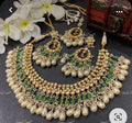 VeroniQ Trends-Gold Plated Kundan Jadau Pachi Kundan Pearl Drop Necklace With Maang Tika and Earrings Pachi Kundan-Gold Plated-Wedding Jewellery-Punjabi Jewellery-South Indian-Thappa Jewellery
