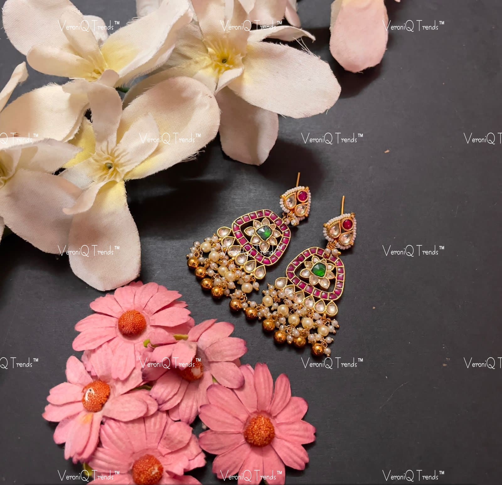 VeroniQ Trends-Gold Plated Kemp Stone Pachi Kundan Earrings Pachi Kundan-Gold Plated-Wedding Jewellery-Punjabi Jewellery-South Indian-Thappa Jewellery
