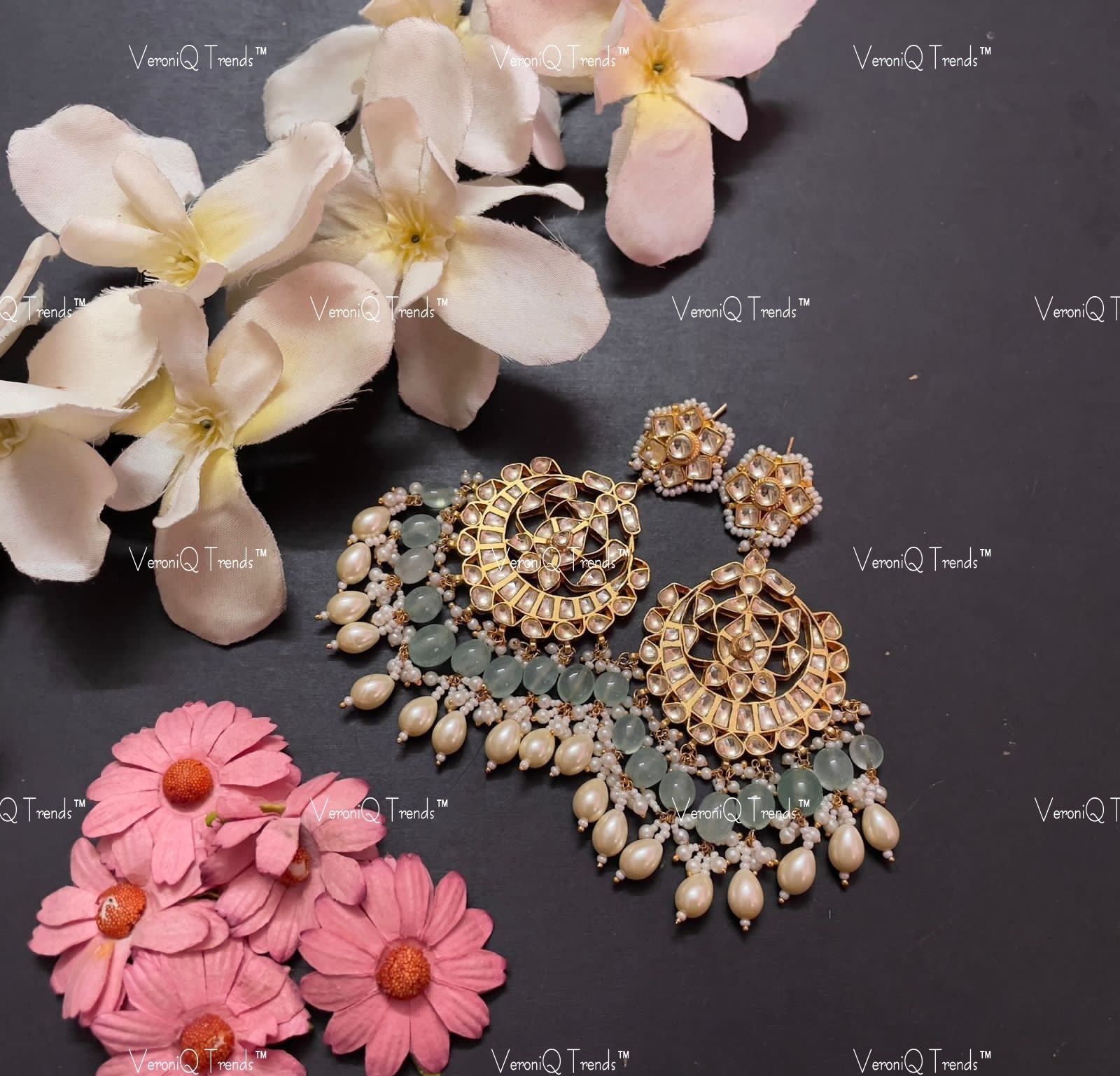 VeroniQ Trends-Chandbali Style Gold Plated Kundan Jadau With Grey Beads Drop Pachi Kundan Earrings Pachi Kundan-Gold Plated-Wedding Jewellery-Punjabi Jewellery-South Indian-Thappa Jewellery