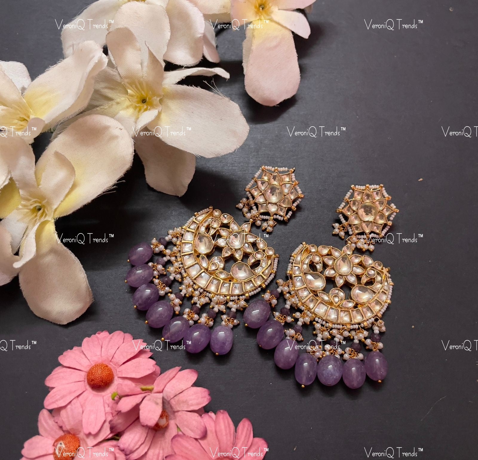VeroniQ Trends-Gold Plated Kundan Jadau Pachi Kundan Chandbali Earrings With Blue Beads Pachi Kundan-Gold Plated-Wedding Jewellery-Punjabi Jewellery-South Indian-Thappa Jewellery
