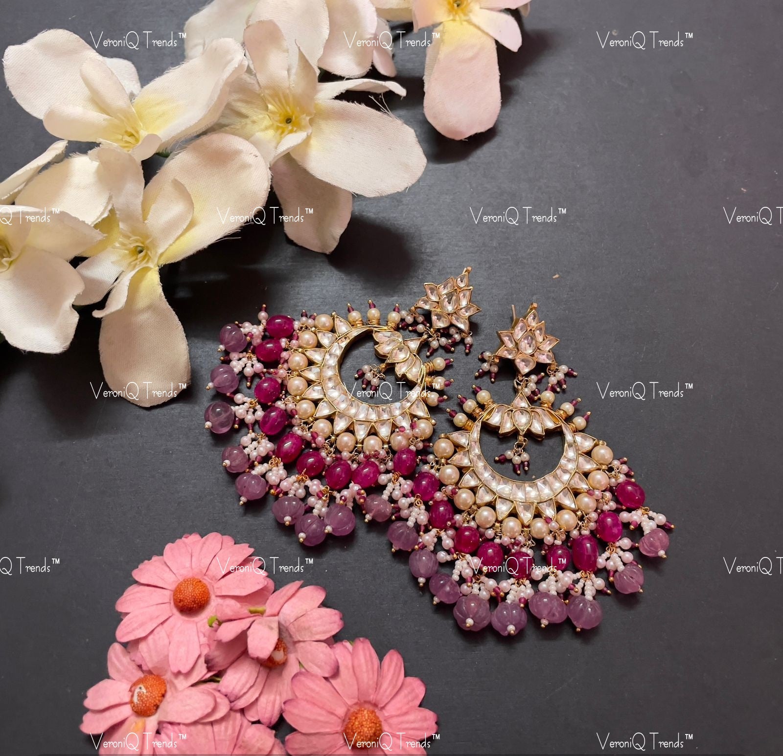 VeroniQ Trends-Gold Plated Kundan Jadau Pachi Kundan Chandbali Earrings With Pink and Blue Beads Pachi Kundan-Gold Plated-Wedding Jewellery-Punjabi Jewellery-South Indian-Thappa Jewellery
