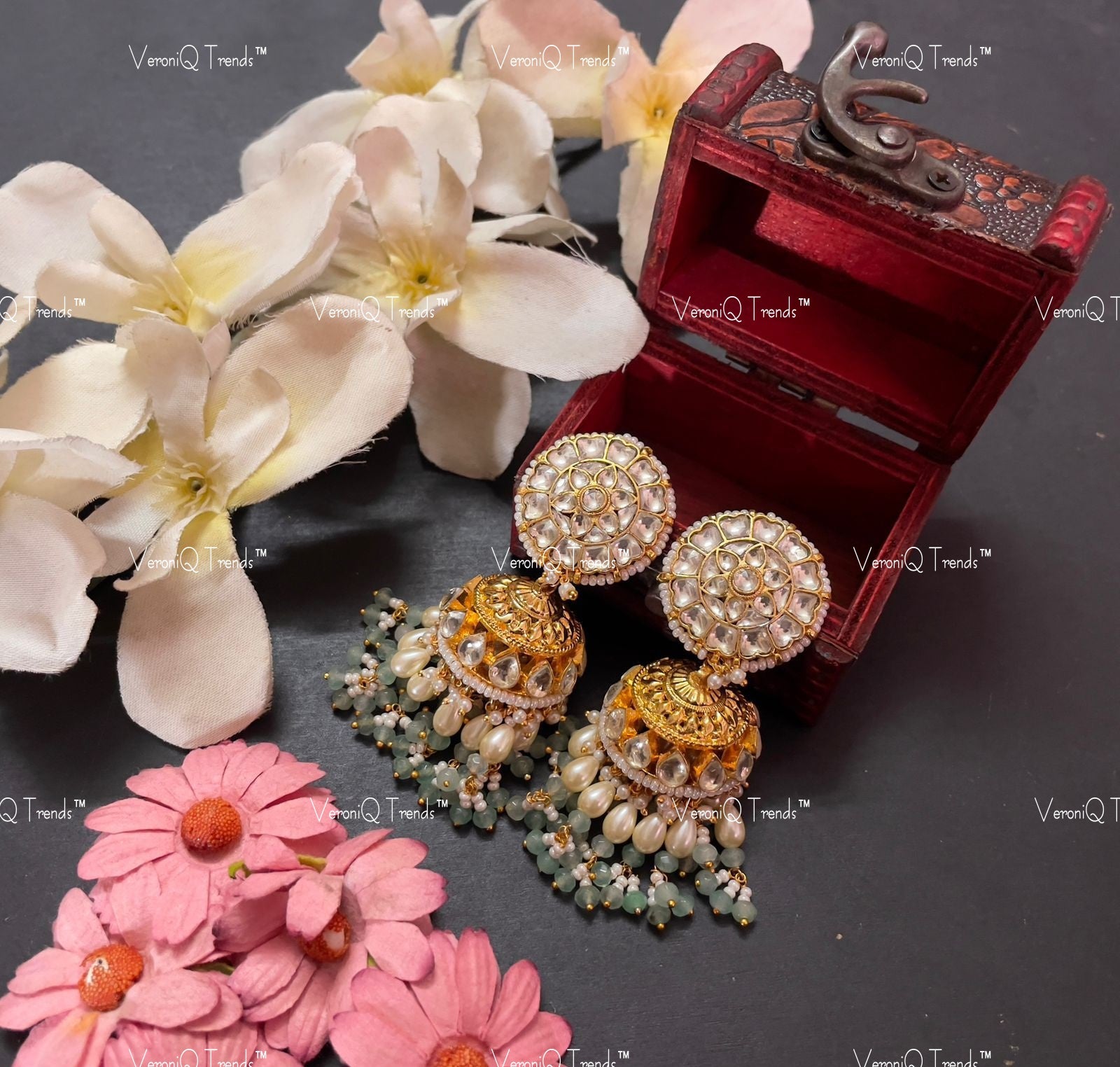 VeroniQ Trends-Royal Gold Plated Kundan Jadau Pachi Kundan Jhumki Earrings Pachi Kundan-Gold Plated-Wedding Jewellery-Punjabi Jewellery-South Indian-Thappa Jewellery