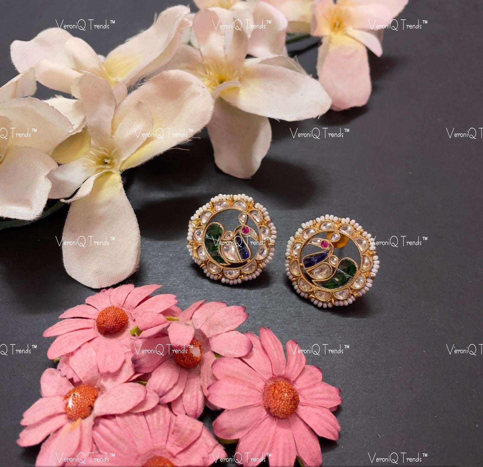 VeroniQ Trends-Royal Peacock Design Gold Plated Pachi Kundan Studs Earrings Pachi Kundan-Gold Plated-Wedding Jewellery-Punjabi Jewellery-South Indian-Thappa Jewellery