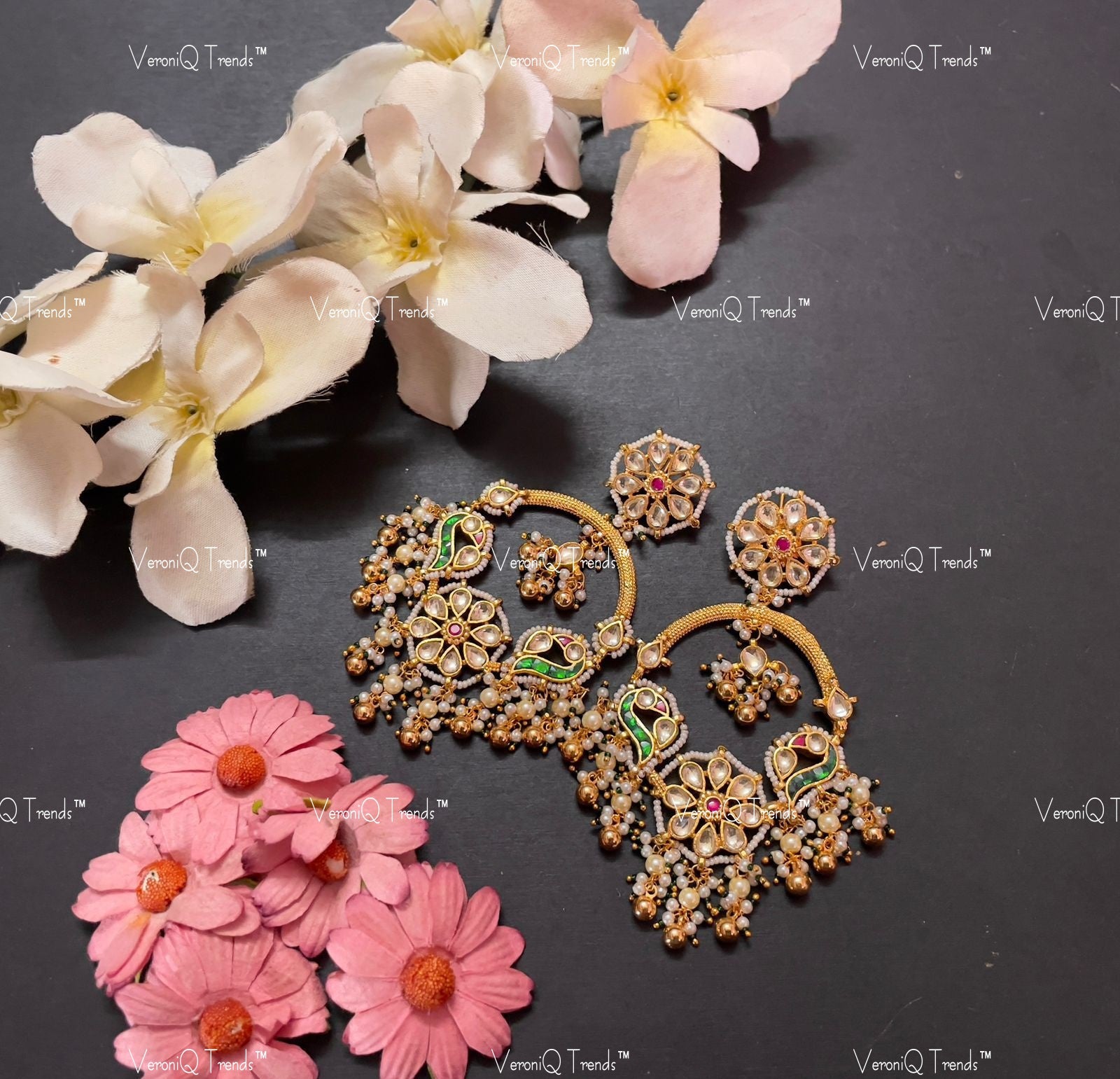 VeroniQ Trends-Gold Plated Pachi Kundan Kemp Stone Earrings With Peacock Motif Pachi Kundan-Gold Plated-Wedding Jewellery-Punjabi Jewellery-South Indian-Thappa Jewellery
