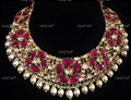 VeroniQ Trends-Royal Pink Pachi Kundan Pearl And Polki Choker Necklace Polki-Pachi Kundan-Fresh Water Pearl-Gold Plated-Wedding Jewellery-Punjabi Jewellery-South Indian-Thappa Jewellery