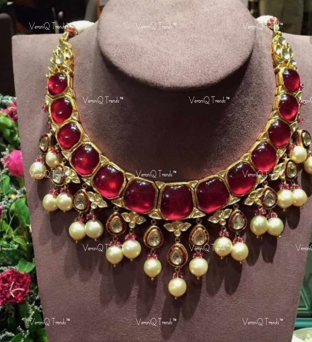 VeroniQ Trends-Traditional Red Stone With Pearl Pachi Kundan Polki Necklace Polki-Pachi Kundan-Gold Plated-Wedding Jewellery-Punjabi Jewellery-South Indian-Thappa Jewellery