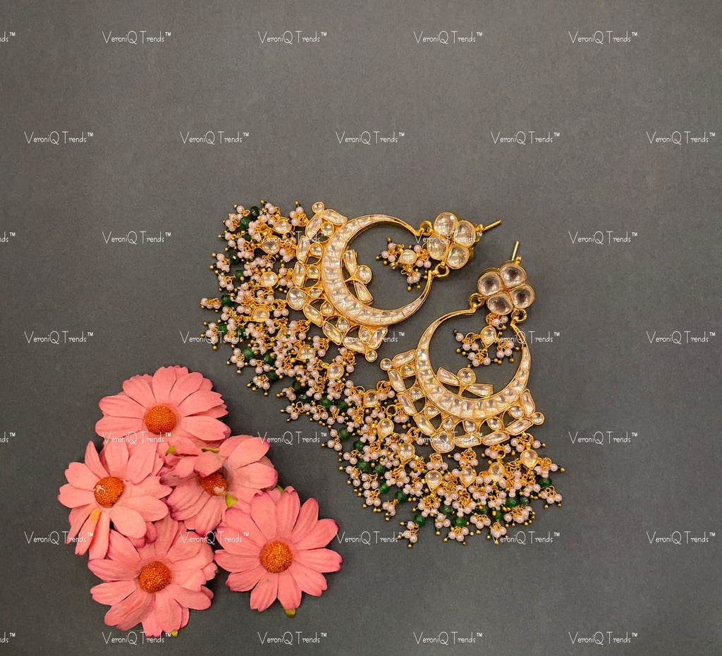 VeroniQ Trends-Handmade Kundan Chandbali Earrings With Pearl Drops-Bridal Jewellery-Engagement-South Indian-Punjabi Jewellery-Pachi Kundan-BS