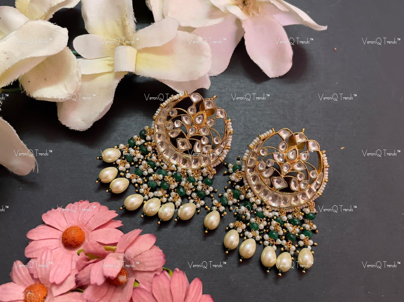 VeroniQ Trends-Handmade Kundan Big Stud Earrings With Pearl Drops-Bridal Jewellery-Engagement-South Indian-Punjabi Jewellery-Pachi Kundan-BS