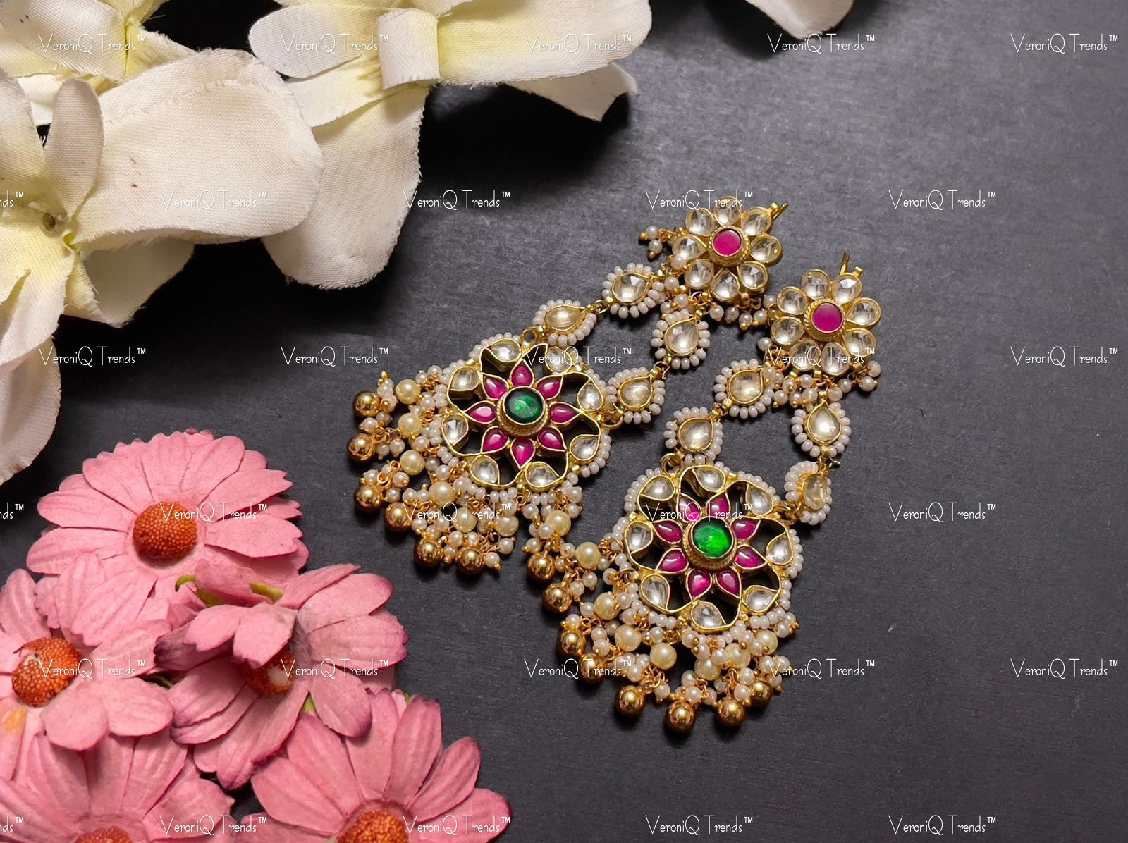 VeroniQ Trends-Handmade Kundan Chandbali Earrings With Peacock Design and Pearl Drops-Bridal Jewellery-Engagement-South Indian-Punjabi Jewellery-Pachi Kundan-BS