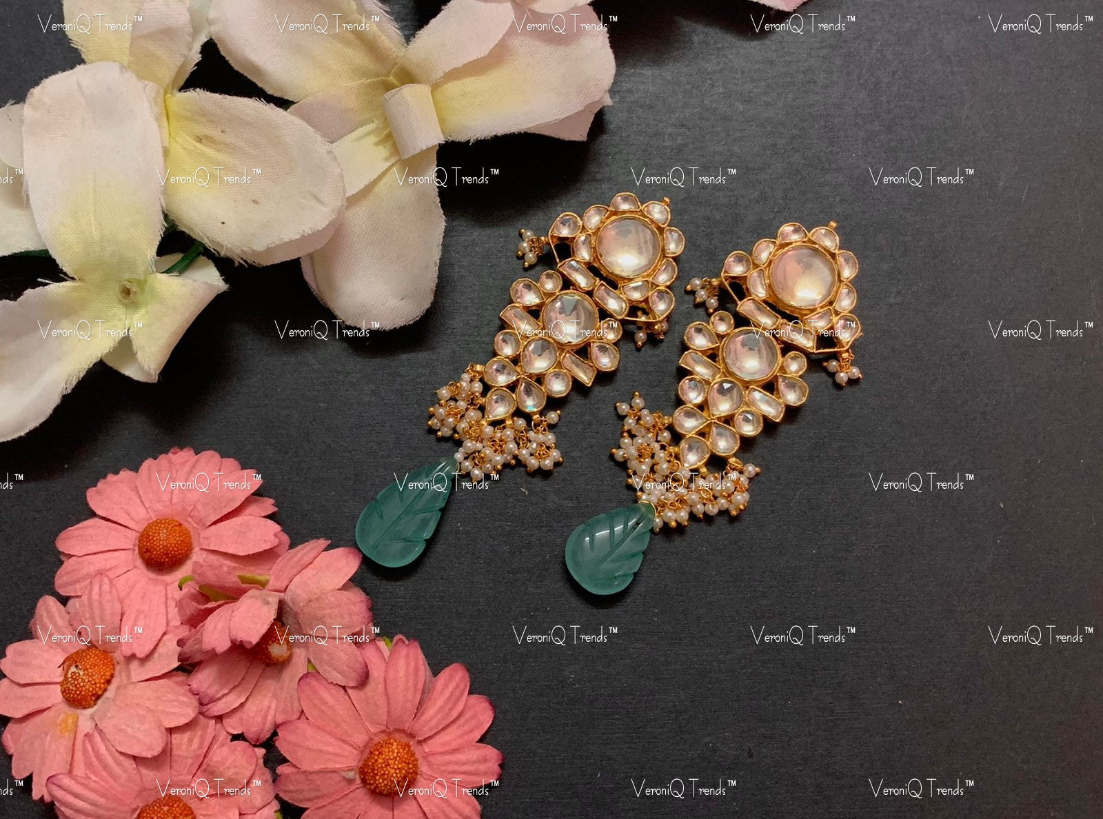 VeroniQ Trends-Handmade Kundan Daily Wear Earrings Fish Motif With Pearl Drops-Bridal Jewellery-Engagement-South Indian-Punjabi Jewellery-Pachi Kundan-BS