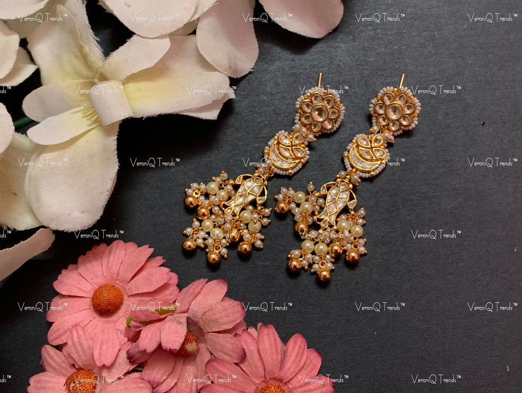 VeroniQ Trends-Handmade Kundan Daily Wear Earrings Fish Motif With Pearl Drops-Bridal Jewellery-Engagement-South Indian-Punjabi Jewellery-Pachi Kundan-BS