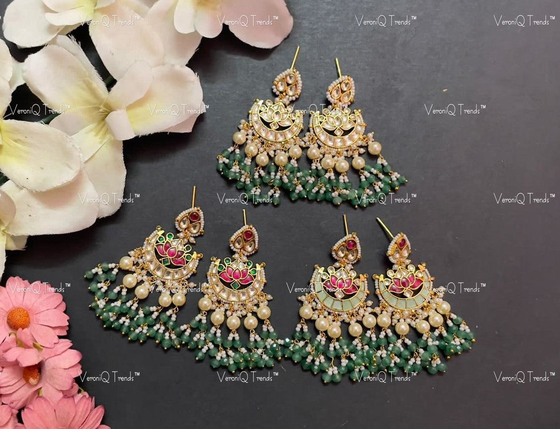 VeroniQ Trends-Handmade Kundan Chandbali Earrings With Pearl Drops-Bridal Jewellery-Engagement-South Indian-Punjabi Jewellery-Pachi Kundan-BS