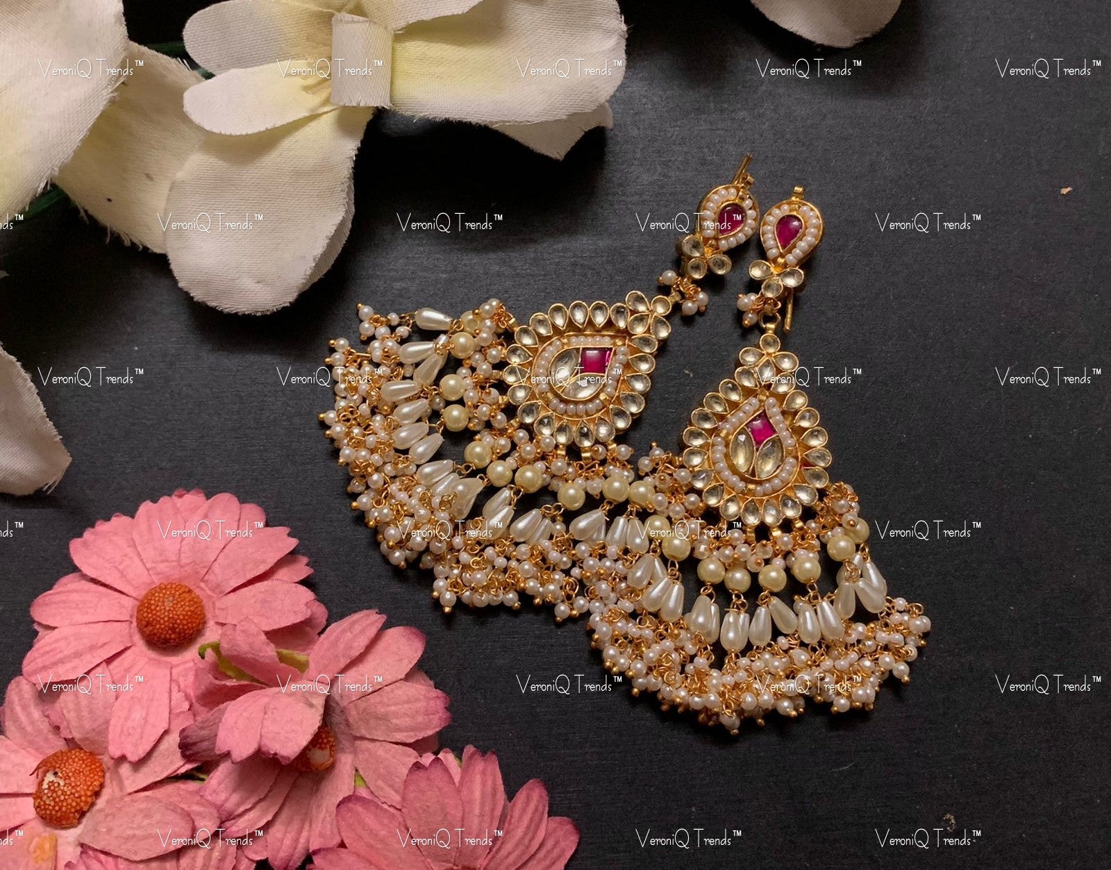 VeroniQ Trends-Handmade Kundan Chandbali Earrings With Pearl Drops-Bridal Jewellery-Engagement-South Indian-Punjabi Jewellery-Pachi Kundan-BS