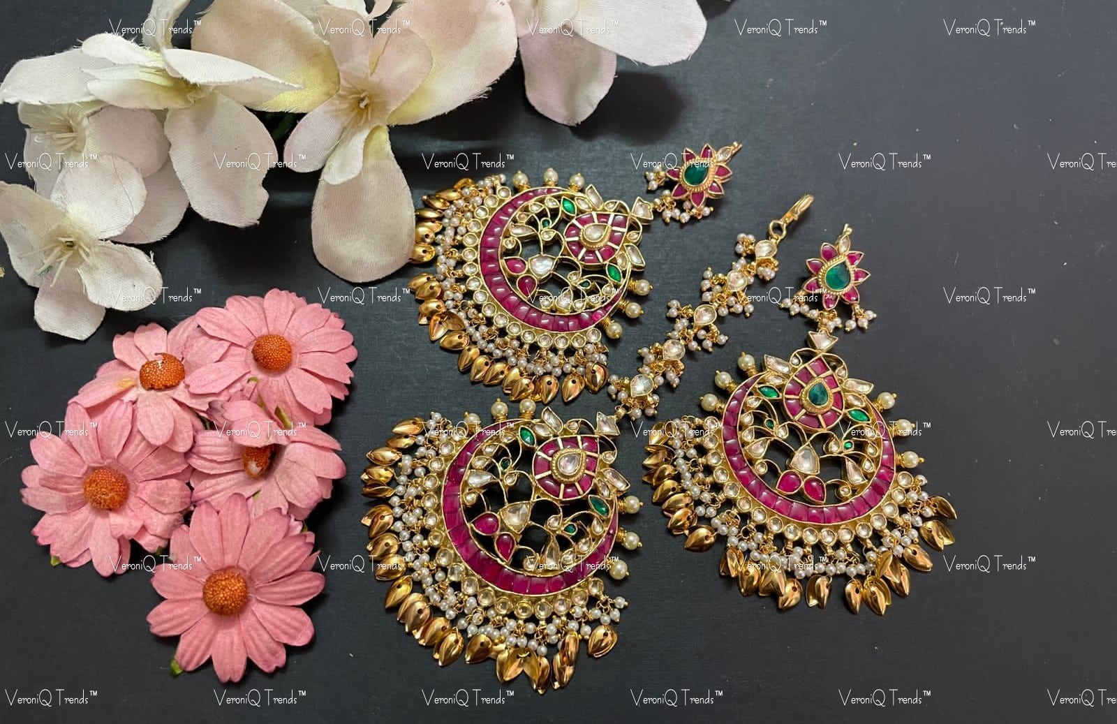 VeroniQ Trends-Handmade Kundan Chandbali Earrings And Maang Tika With Gold Petal Drops-Pearls-Bridal Jewellery-Engagement-South Indian-Punjabi Jewellery-BS