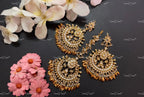 VeroniQ Trends-Handmade Kundan Chandbali Earrings And Maang Tika With Gold Petal Drops-Pearls-Bridal Jewelry-Engagement-South Indian-Punjabi Jewelry-BS