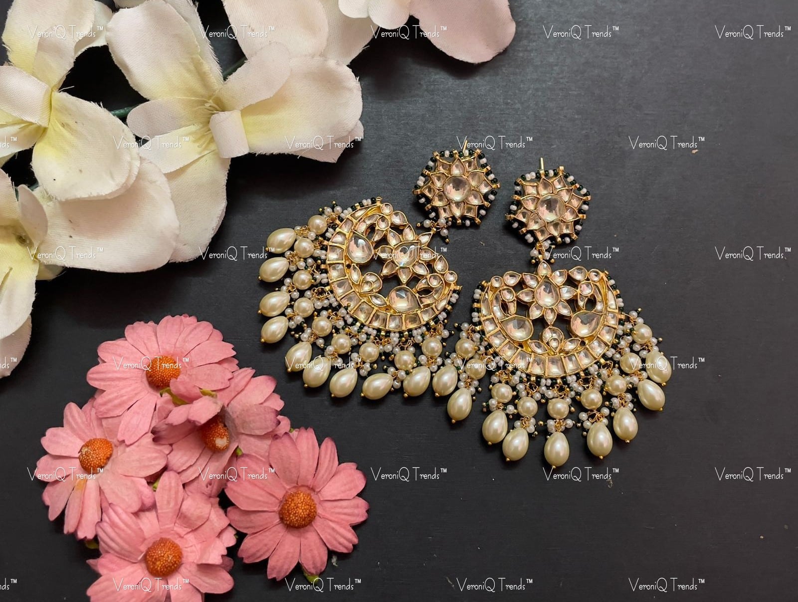 VeroniQ Trends-Handmade Kundan Chandbali Earrings With pearl Drops-Bridal Jewellery-Engagement-South Indian-Punjabi Jewellery-BS