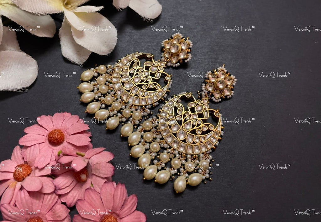 VeroniQ Trends-Handmade Kundan Chandbali Earrings With pearl Drops-Bridal Jewellery-Engagement-South Indian-Punjabi Jewellery-BS