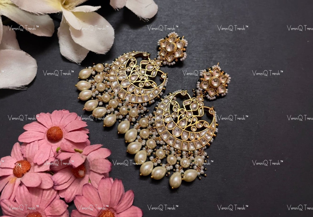 VeroniQ Trends-Handmade Kundan Chandbali Earrings With pearl Drops-Bridal Jewellery-Engagement-South Indian-Punjabi Jewellery-BS