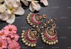 VeroniQ Trends-Handmade Kundan Chandbali Earrings And Maang Tika With Gold Petal Drops-Pearls-Bridal Jewelry-Engagement-South Indian-Punjabi Jewelry-BS