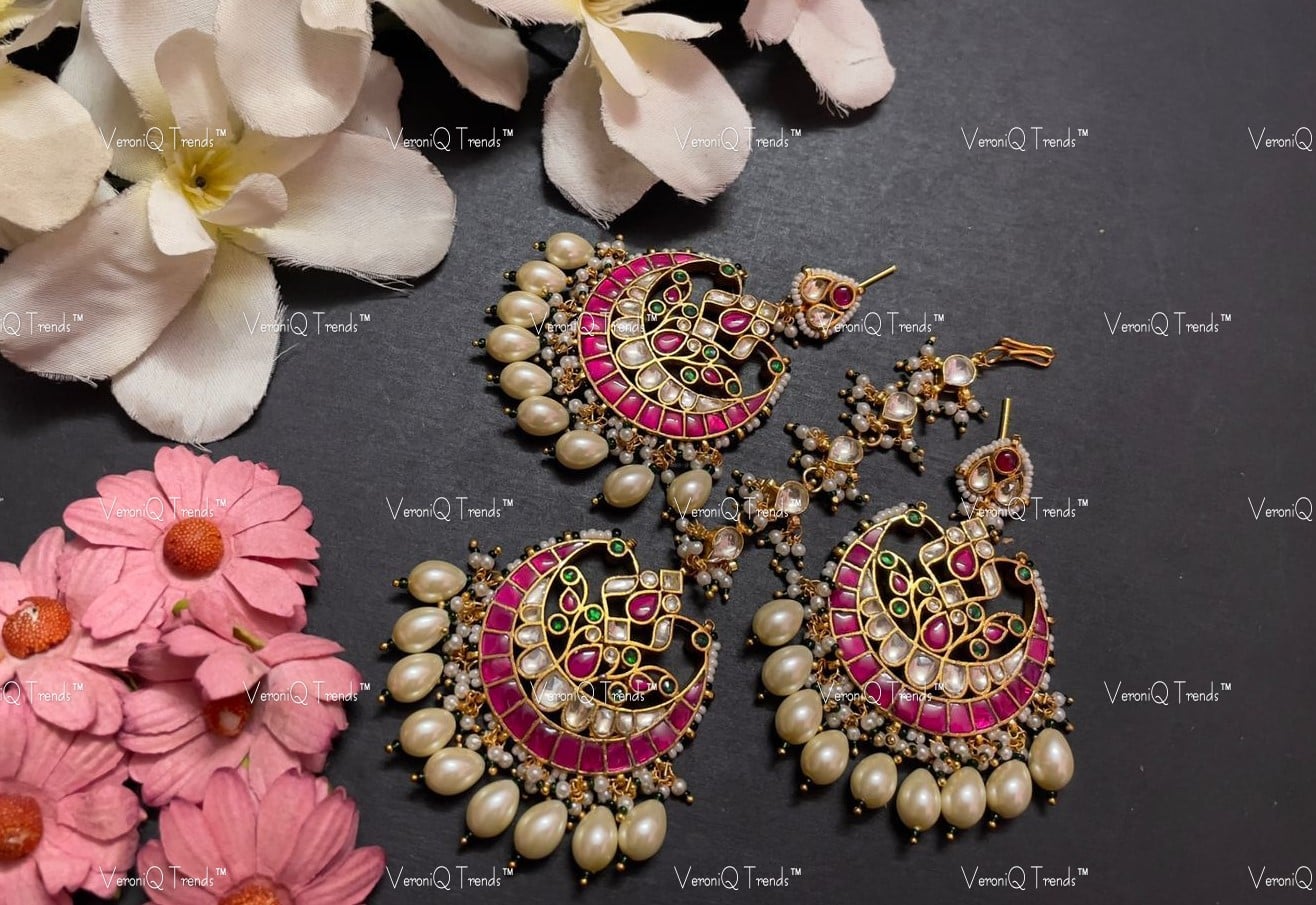 VeroniQ Trends-Handmade Kundan Chandbali Earrings And Maang Tika With Gold Petal Drops-Pearls-Bridal Jewellery-Engagement-South Indian-Punjabi Jewellery-BS