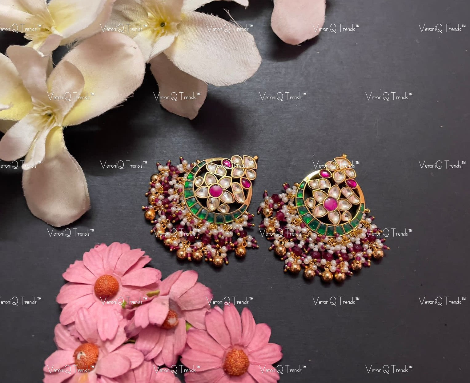 VeroniQ Trends-Handmade Kundan Big Stud Earrings With Pearl Drops-Bridal Jewellery-Engagement-South Indian-Punjabi Jewellery-Pachi Kundan-BS