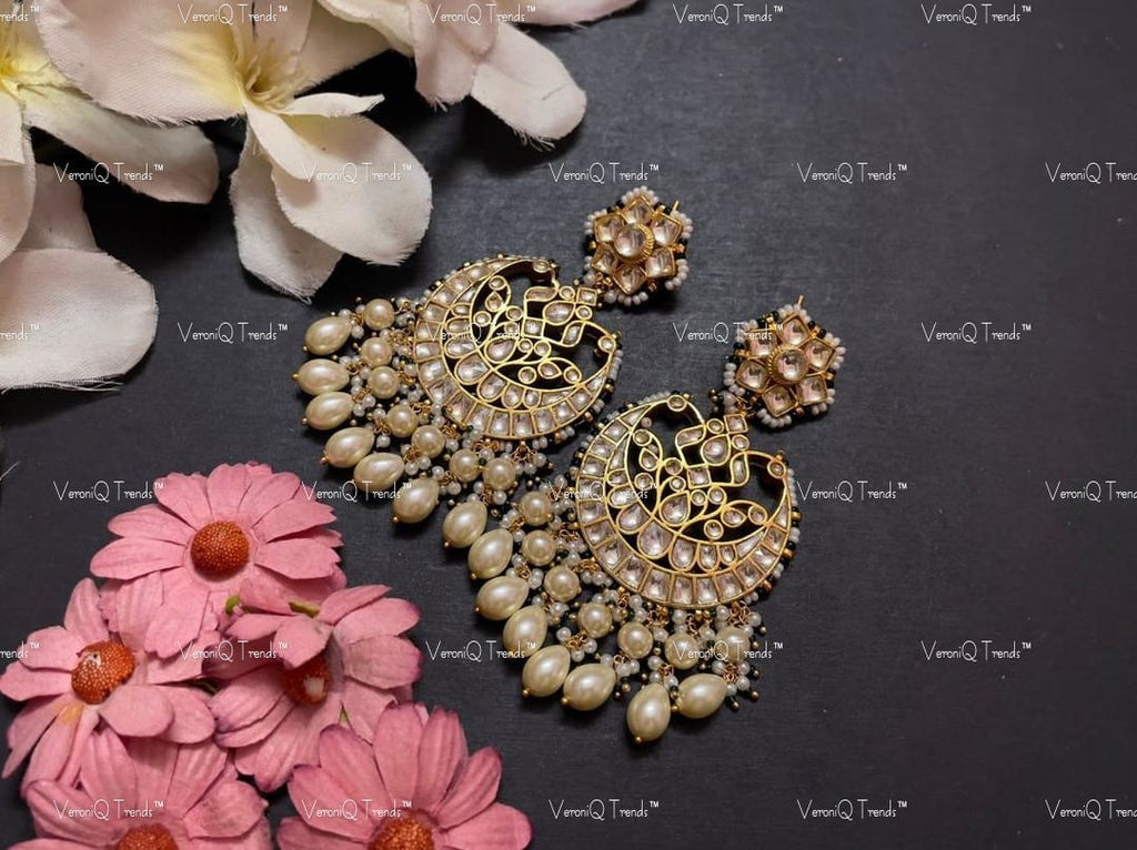 VeroniQ Trends-Handmade Kundan Chandbali Earrings With pearl Drops-Bridal Jewellery-Engagement-South Indian-Punjabi Jewellery-BS