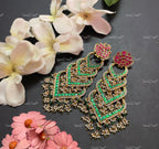 VeroniQ Trends-Handmade Kundan Long Chandbali Earrings With Peacock Design and Pearl Drops-Bridal Jewelry-Engagement-South Indian-Punjabi Jewelry-Pachi Kundan-BS